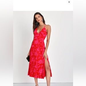 Vibrant Moment Red and Pink Floral Pleated Lace-Up Midi Dress NEW WITH TAGS